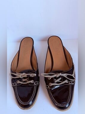 Hermes Black Patent Leather Mule Loafers with Cream Laces